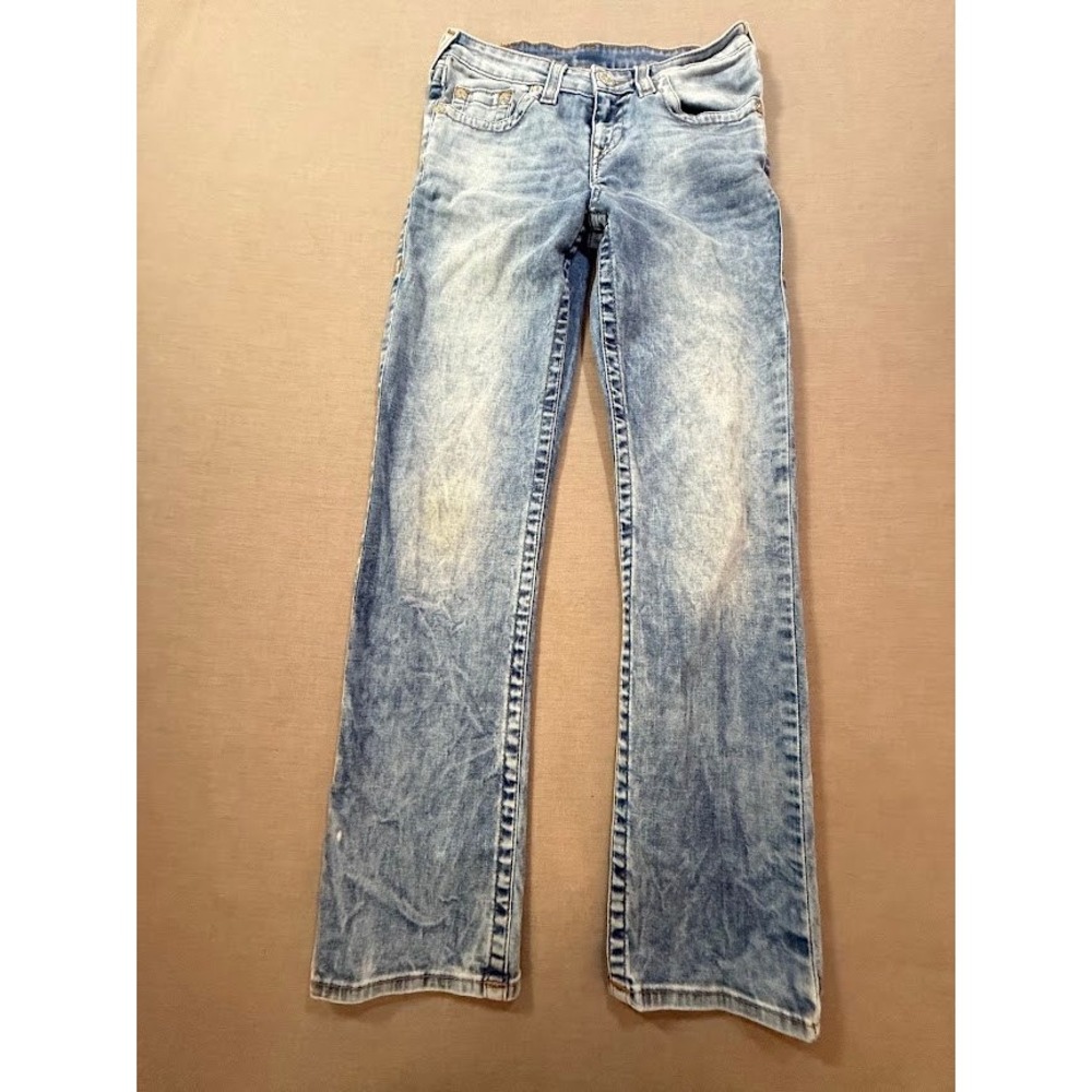 True Religion Straight Camo Logo Jeans Womens 14 Denim Blue No Flap Pants 26x27.